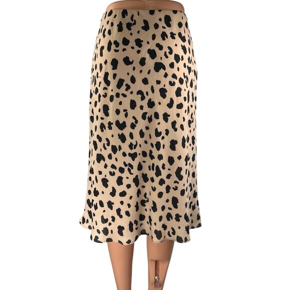 Socialite Tan Black Silk Satin Leopard Animal Print Midi A-line Slip Skirt Sz S - Picture 3 of 5